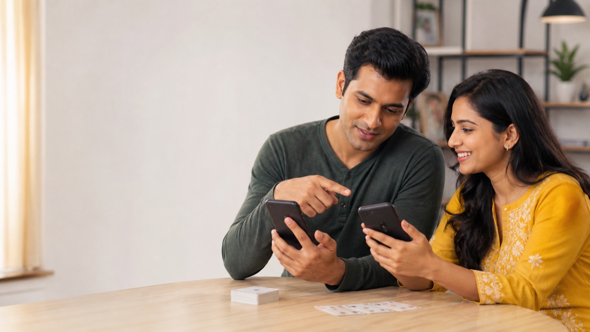 Adults comparing Indian Rummy app information on Android phones